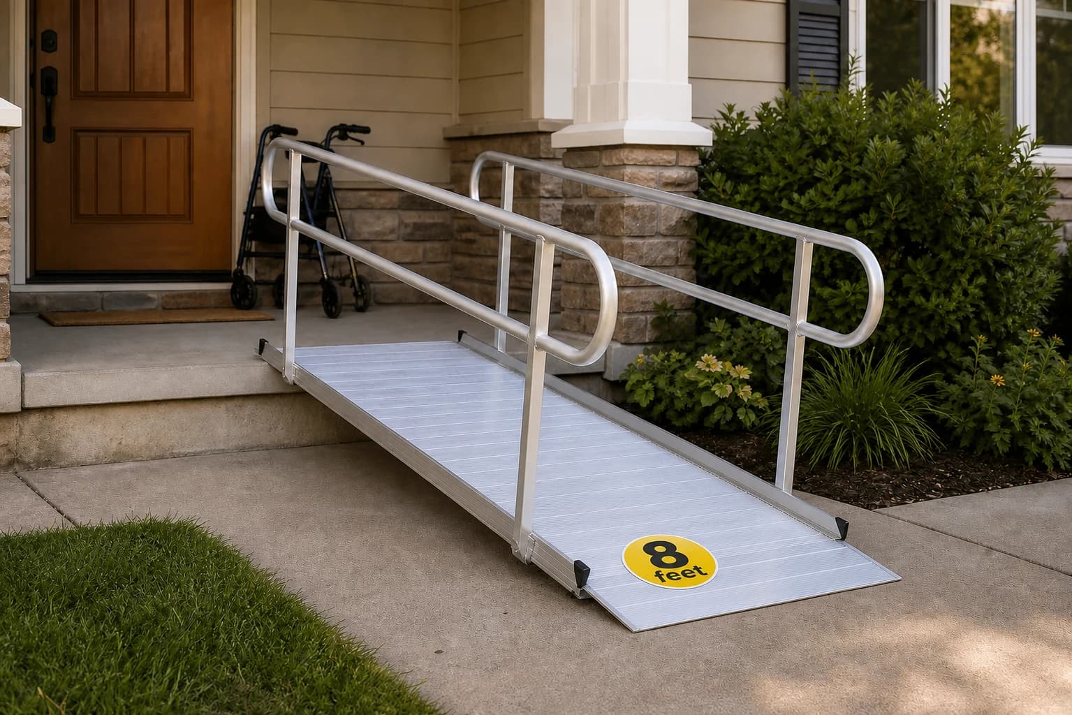 Maasters portable aluminum wheelchair ramp at a home entrance